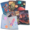Kids blank sketch books, six pack featuring colorful covers with space, dinosaurs, and adventure themes.