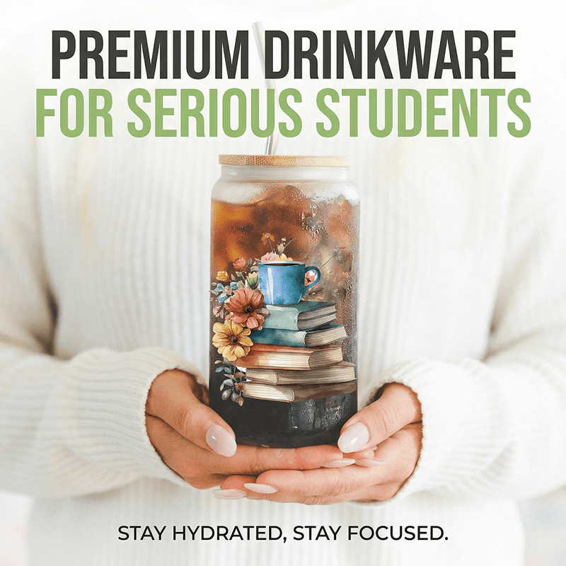 Lifestyle image of 'Easily Distracted by Books' frosted glass can tumbler on desk.