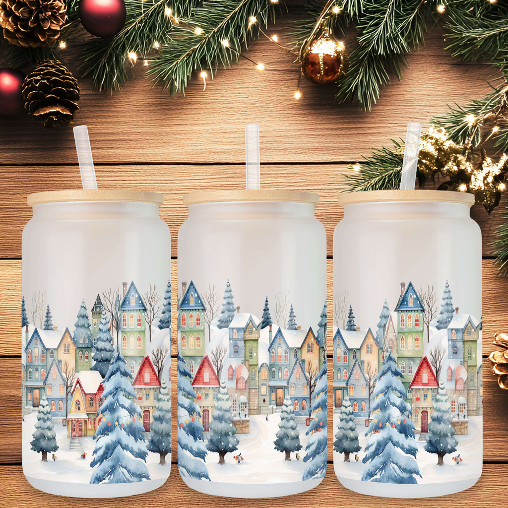Christmas Village Frosted Glass Can – 16oz Frosted Glass Can with Bamboo Lid & BPA-Free Straw