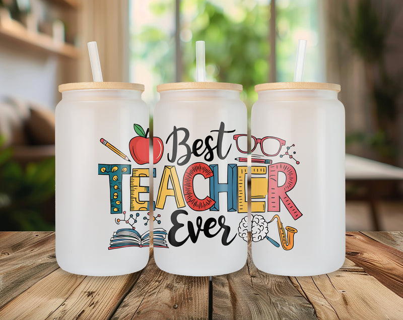Best Teacher Ever 16oz Frosted Glass Can Tumbler – Gift for Educators