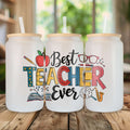 Frosted glass can tumbler with 'Best Teacher Ever' design and bamboo lid.