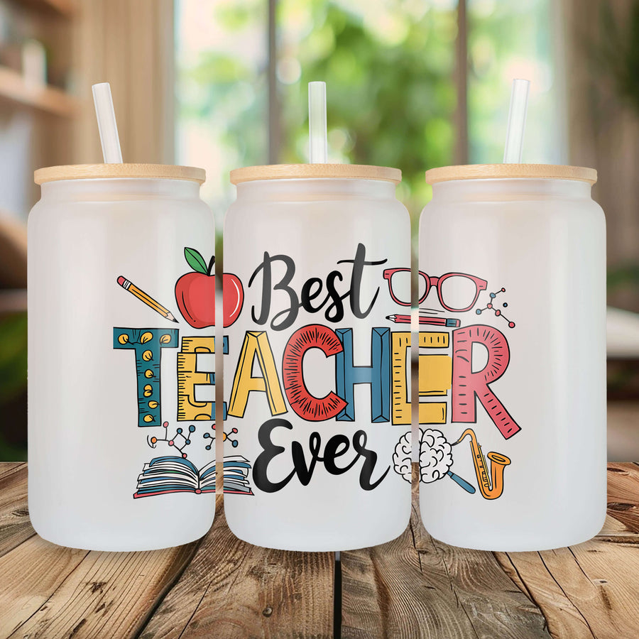 Frosted glass can tumbler with 'Best Teacher Ever' design and bamboo lid.