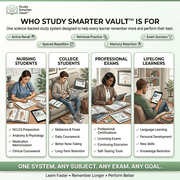 Four vertical panels showing a nurse, student, professional, and learner using the Study Smarter Vault learning system.