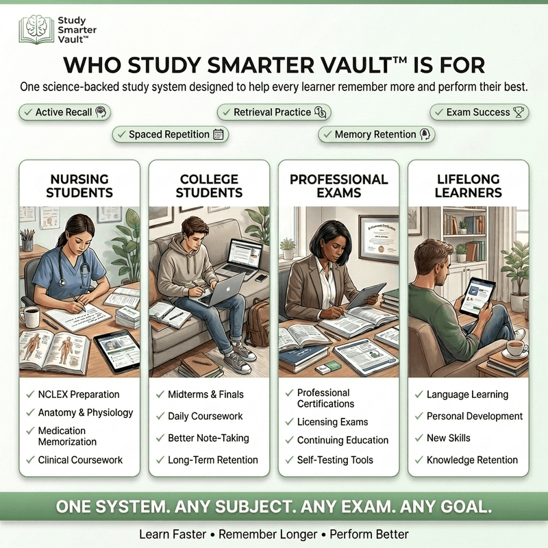 Four vertical panels showing a nurse, student, professional, and learner using the Study Smarter Vault learning system.