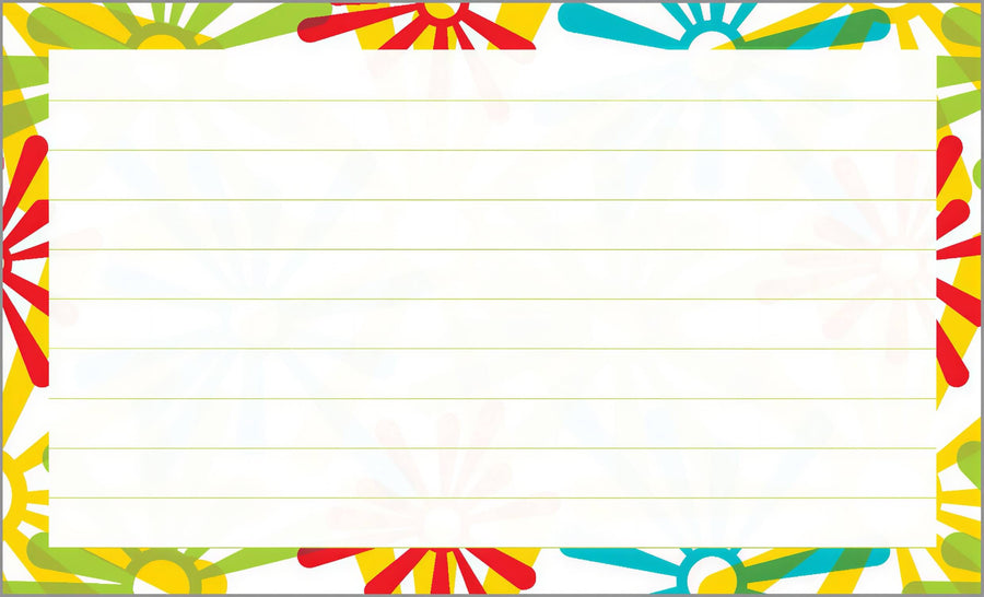 3” x 5” ruled index card with a colorful daisy border in red, yellow, green, and blue. 250 count pack.