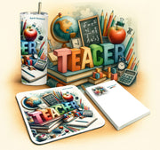 Personalized teacher gift set featuring a tumbler, mousepad, and memo pad with colorful educational designs and the name A...