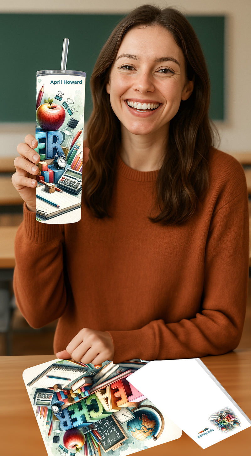 Personalized teacher gift set featuring a tumbler, mousepad, and memo pad with the name April Howard displayed.