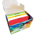 Colorful box with labeled compartments on a white background