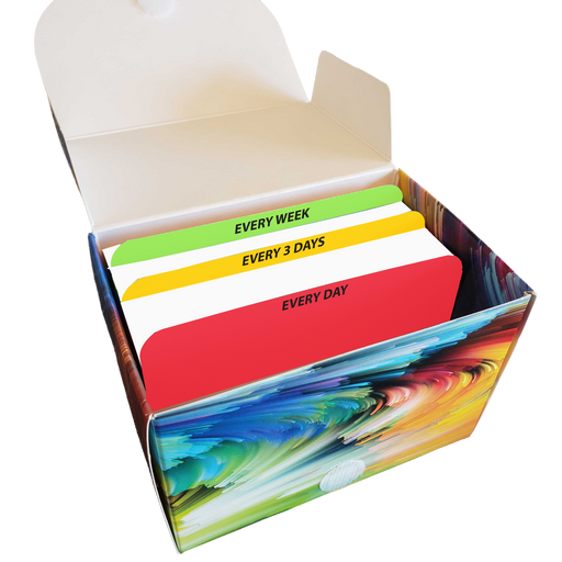 Colorful box with labeled compartments on a white background