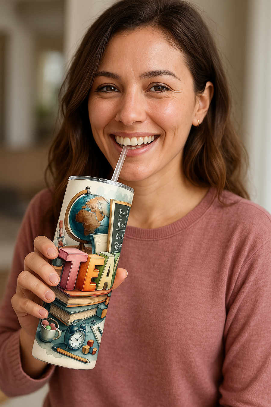 Colorful Teacher 20oz tumbler featuring educational themes, held by a smiling woman in a cozy setting.