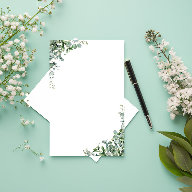 4” x 6” Note Cards with Envelopes – 50 Count – Eucalyptus Design – 300 gsm Premium Cardstock