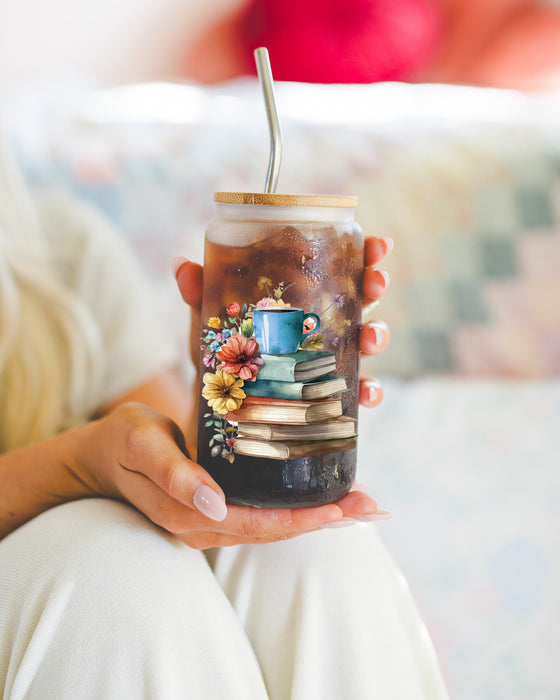 Easily Distracted by Books 16 oz Frosted Glass Can Drinking Cup with Bamboo Lid and Straw