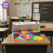 900 mini index cards in bright colors, displayed in a classroom setting with binder rings on a wooden table.
