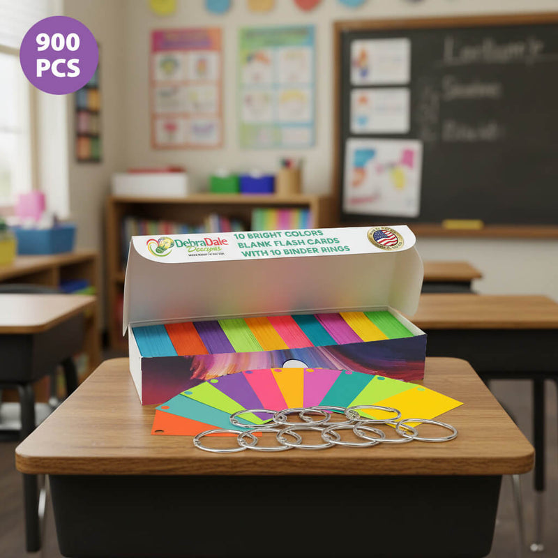 900 mini index cards in bright colors, displayed in a classroom setting with binder rings on a wooden table.