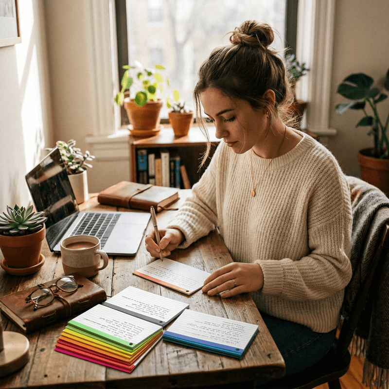 Woman using color bar ruled index cards for note taking