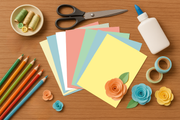 8.5” x 11” craft cardstock sheets in various colors with scissors, glue, and crafting supplies on a wooden surface.