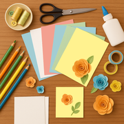 Craft cardstock sheets in various colors with scissors, glue, flowers, and colored pencils on a wooden surface.