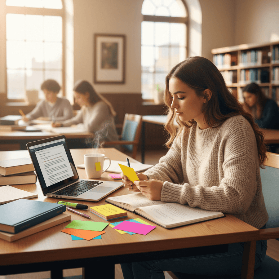 4x6 bright color index cards scattered on a study table with a laptop, books, and a coffee cup in a library setting.