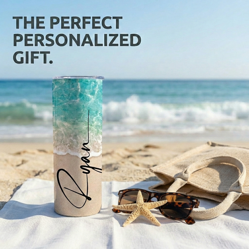 Custom beach footprints 20oz stainless steel tumbler with a turquoise and sand design, personalized with the name Ryan.