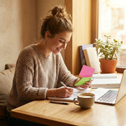 Young lady using bright cards to study