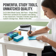 Person writing on a note card with study tools on a desk, including text about the products.