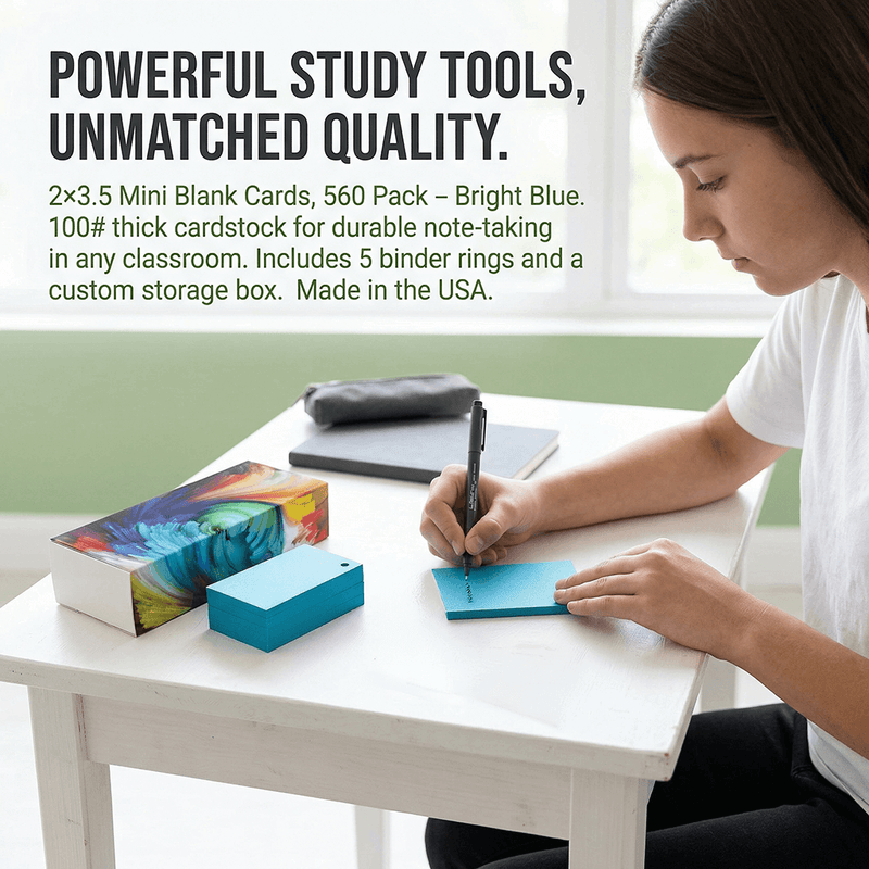 Person writing on a note card with study tools on a desk, including text about the products.