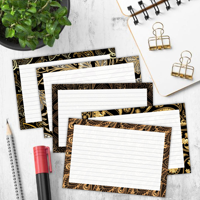 3” x 5” Ruled Index Cards – 250 Count – Black and Gold Border – 253 gsm Premium Cardstock