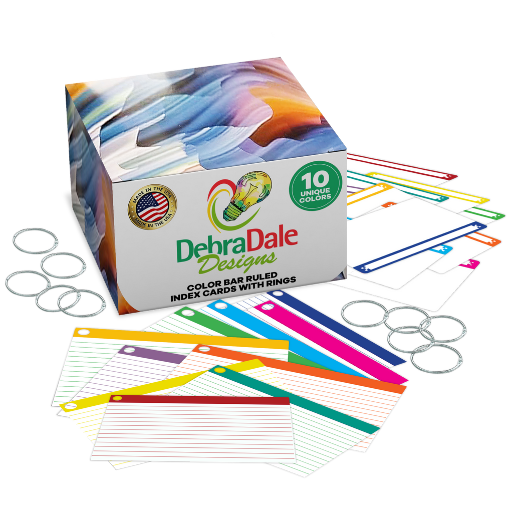 4” x 6” Ruled Index Cards – 250 Count – Color Bar – Hole-Punched with Rings – 253 gsm – With Matching Dividers