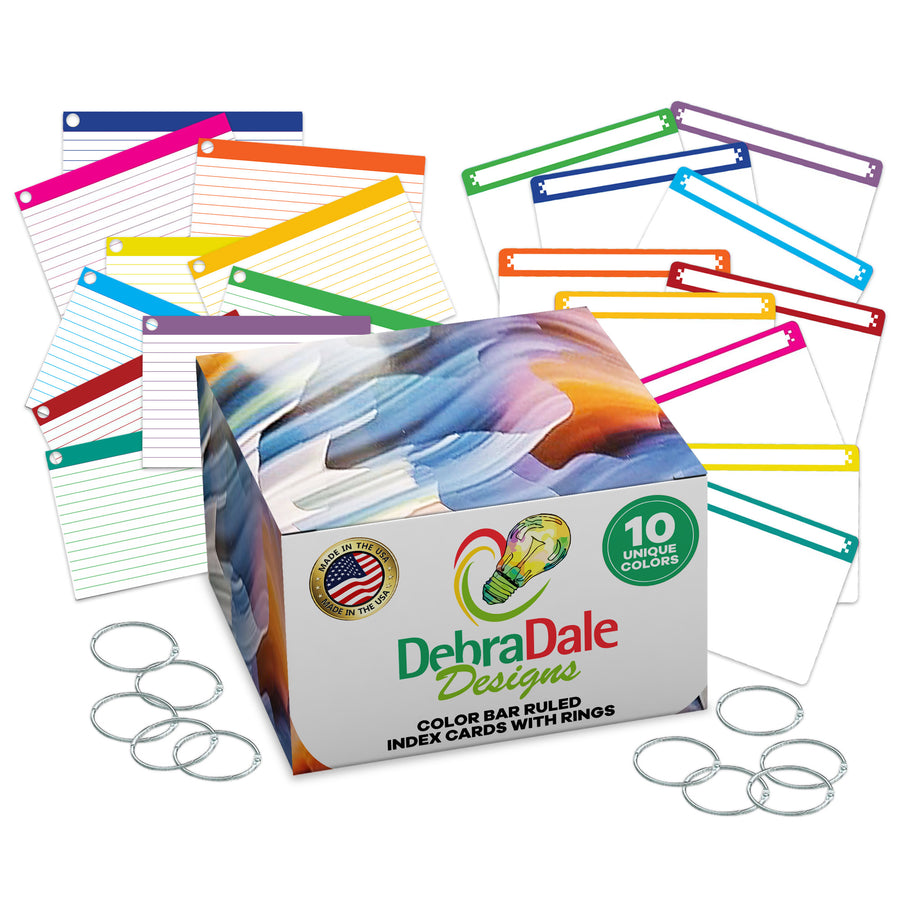4” x 6” color bar ruled index cards in a box, featuring 10 colors and hole-punched for easy organization with rings.