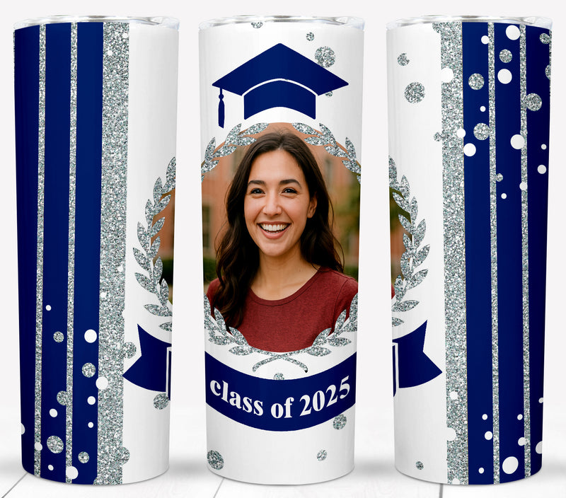 Custom Graduation Tumbler – Class of 2025, 20 oz with Photo and Blue Glitter Design
