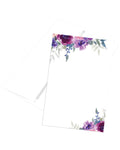 4” x 6” purple petals note cards with matching envelopes, featuring floral designs in shades of purple and green.