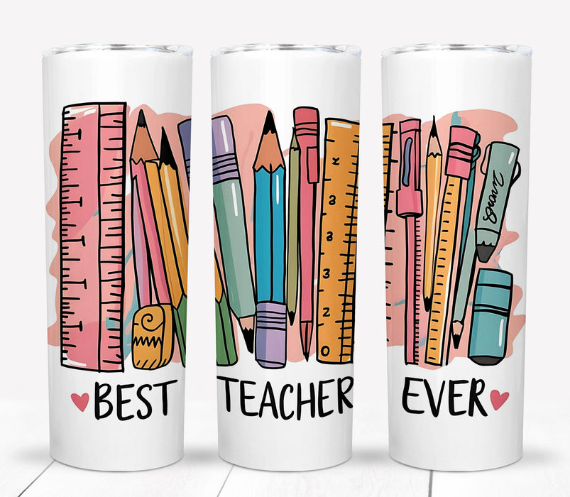 'Best Teacher Ever' 20oz Stainless Steel Tumbler with School Supplies Design