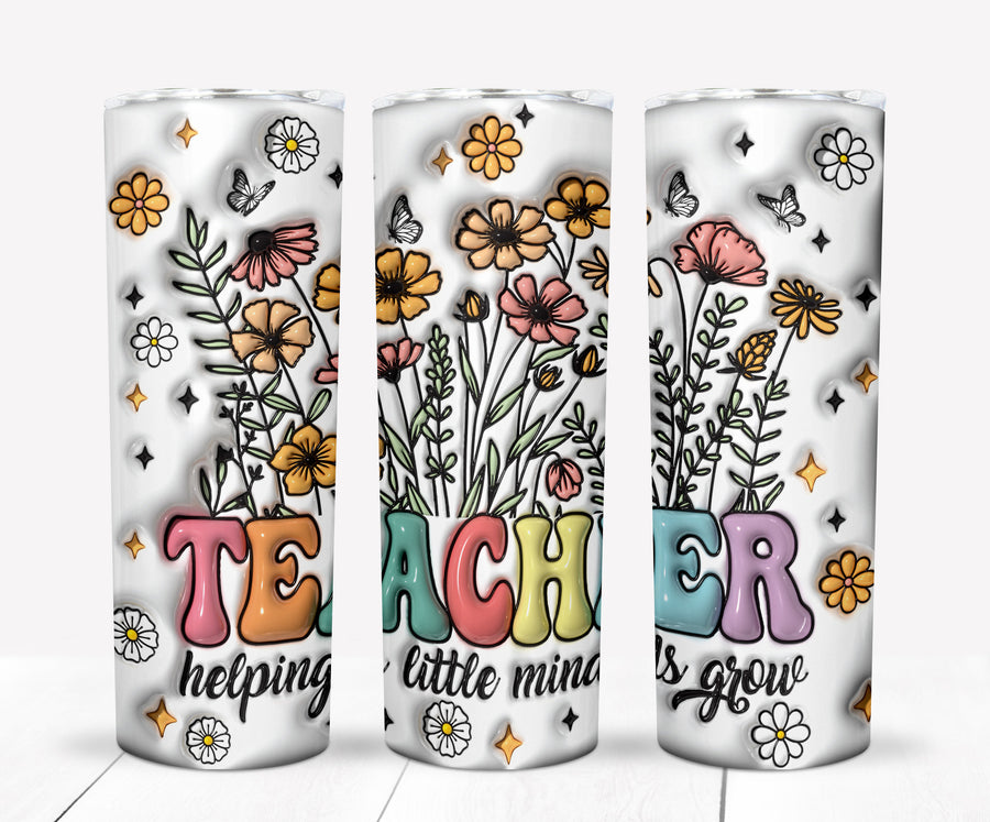 20 oz stainless steel tumbler featuring colorful floral designs and the text "Teacher Helping Little Minds Grow" on three ...