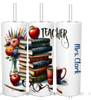 Personalized Teacher Tumbler – Custom Name 20 oz Insulated Cup with Books, Flowers & Apple