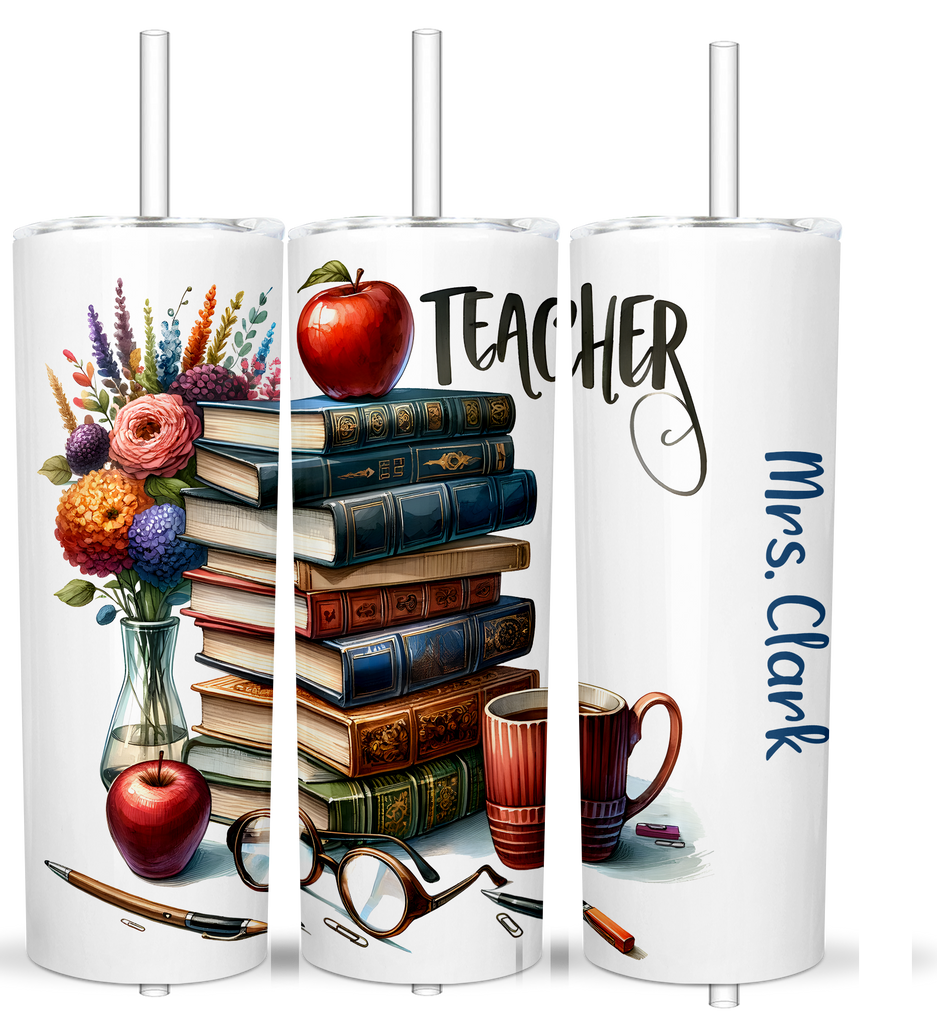 Personalized Teacher Tumbler – Custom Name 20 oz Insulated Cup with Books, Flowers & Apple