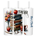 Three tumblers with teacher-themed designs on a white background