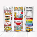Personalized 20oz stainless steel travel cup featuring colorful teaching-themed graphics and the name "Ms. Spencer.