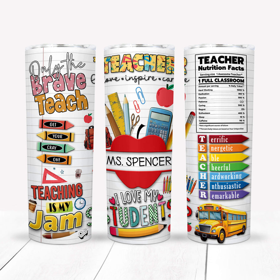 Personalized 20oz stainless steel travel cup featuring colorful teaching-themed graphics and the name "Ms. Spencer.