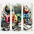 Colorful teacher tumbler featuring a globe, books, and school supplies with vibrant letters spelling "TEACHER.