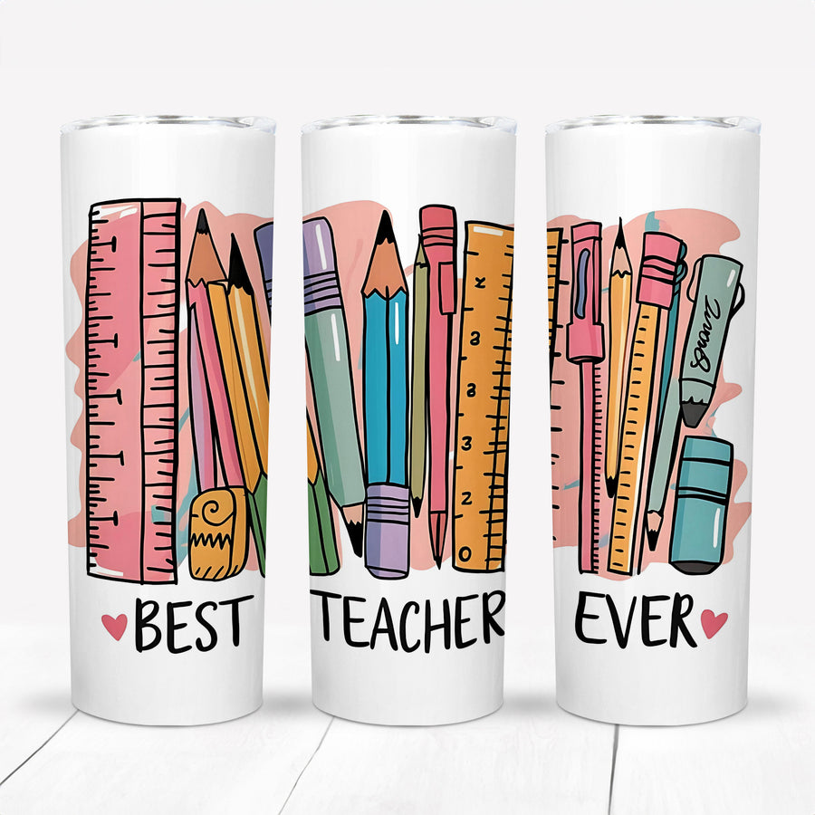 Best Teacher Ever 20oz stainless steel tumbler featuring colorful school supplies design on a white background.