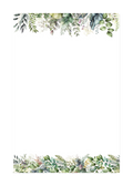 Watercolor note card featuring a greenery border with various leaves and flowers, 4” x 6”, 300 gsm, 50 count.