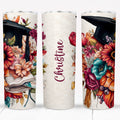 Personalized 20 oz BOHO floral graduation tumbler featuring a black cap, colorful flowers, and a name design.