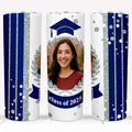 Custom photo graduation tumbler featuring a graduate's image, navy blue accents, and "class of 2025" text.