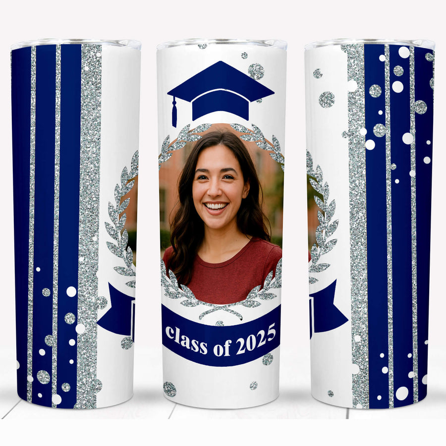 Custom photo graduation tumbler featuring a graduate's image, navy blue accents, and "class of 2025" text.