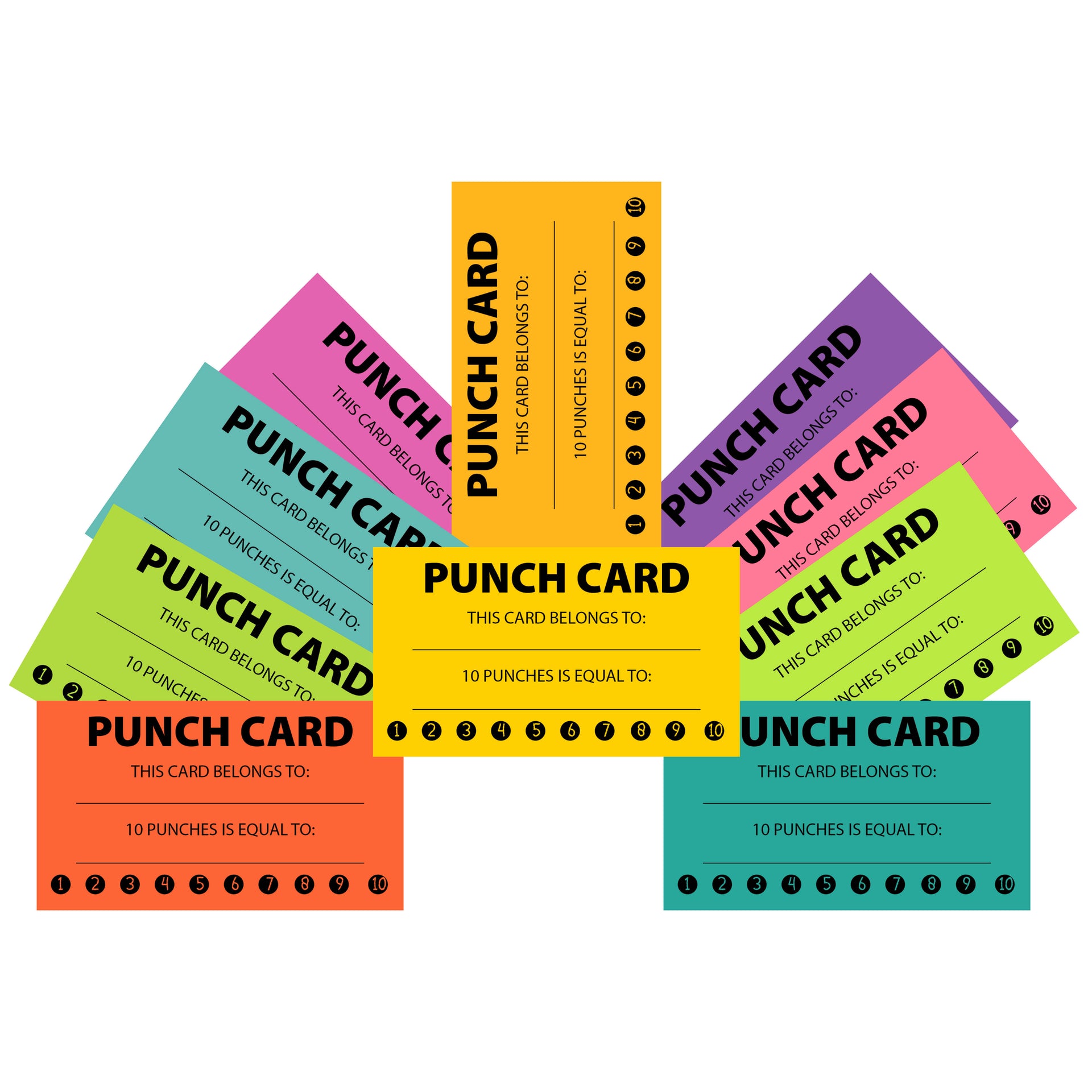 Colorful reward cards in ten bright colors, featuring punch card design and text for tracking rewards.