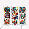Personalized 'Teacher Life' 20 oz stainless steel tumbler with colorful teacher-themed designs and names.