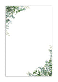 4” x 6” note cards with eucalyptus design in corners, featuring a white background and 300 gsm thickness, 50 count.