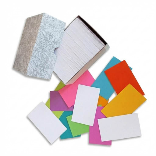 Stack of 450 white mini index cards by Debra Dale Designs, 2 x 3.5 inches on heavy 110# cardstock inside a CardKeeper storage box.