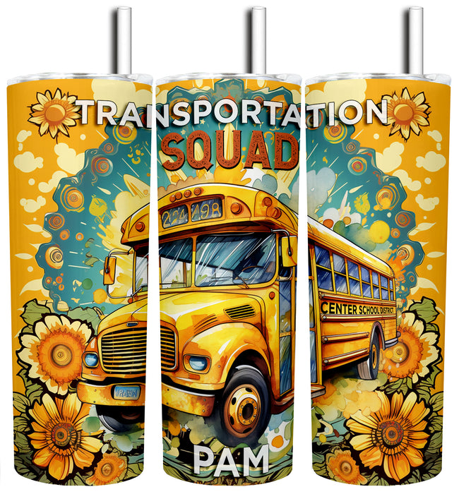 Personalized Transportation Squad Retro School Bus 20 Ounce Tumbler Travel Mug with Lid and Straw