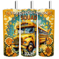 Personalized 20-ounce tumbler featuring a retro school bus design with "Transportation Squad" and sunflowers.